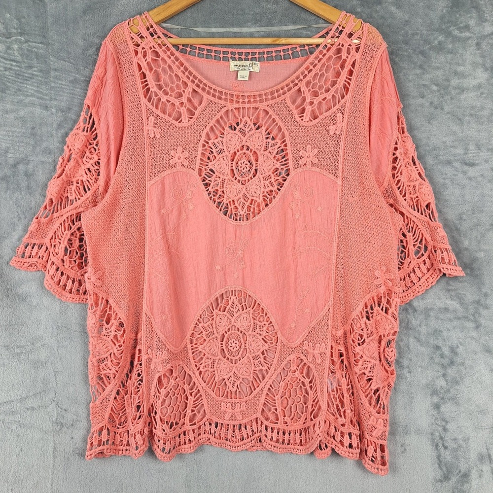 Womens Top XXL Pink Embroidered Boho Sheer Cottage Hippie Crochet Lace Festival